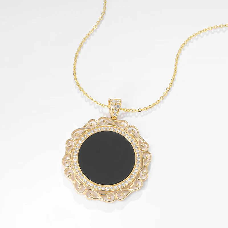 Brilliant Real 14K Solid Gold Pendant CZ Stones Halo Cubic Zirconia Black Onyx Circle necklace with 925 Silver Link Chain