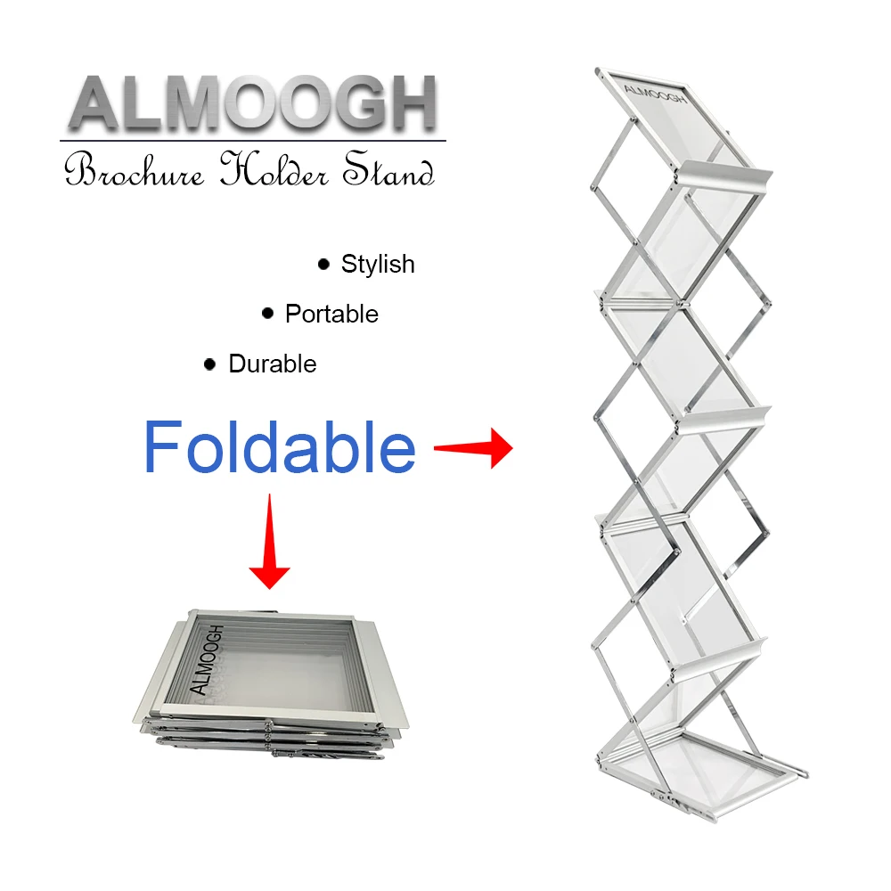 Almoogh Promotion Aluminum Frame Folding Catalog Holder Exhibition Display Brochure Stand  Portable Brochure Holder Stand