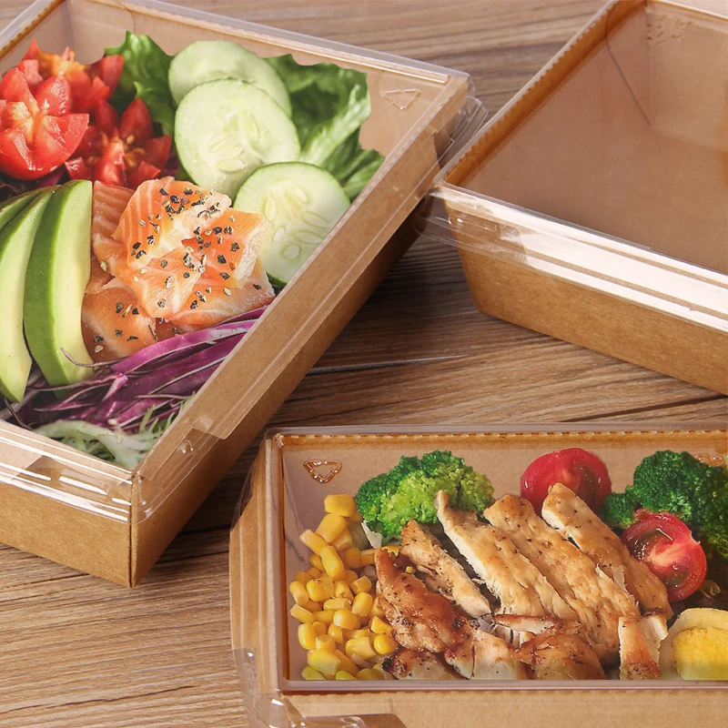Disposable recycle  kraft paper  food lunch packaging box with compartment Anti-fog PET Lid /Salad  takeaway pack boxes
