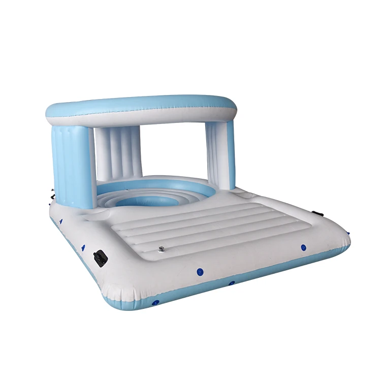 Custom Inflatable Pool Party Island Float water floating island with inflat dome tent 4 person inflatable raft tropical