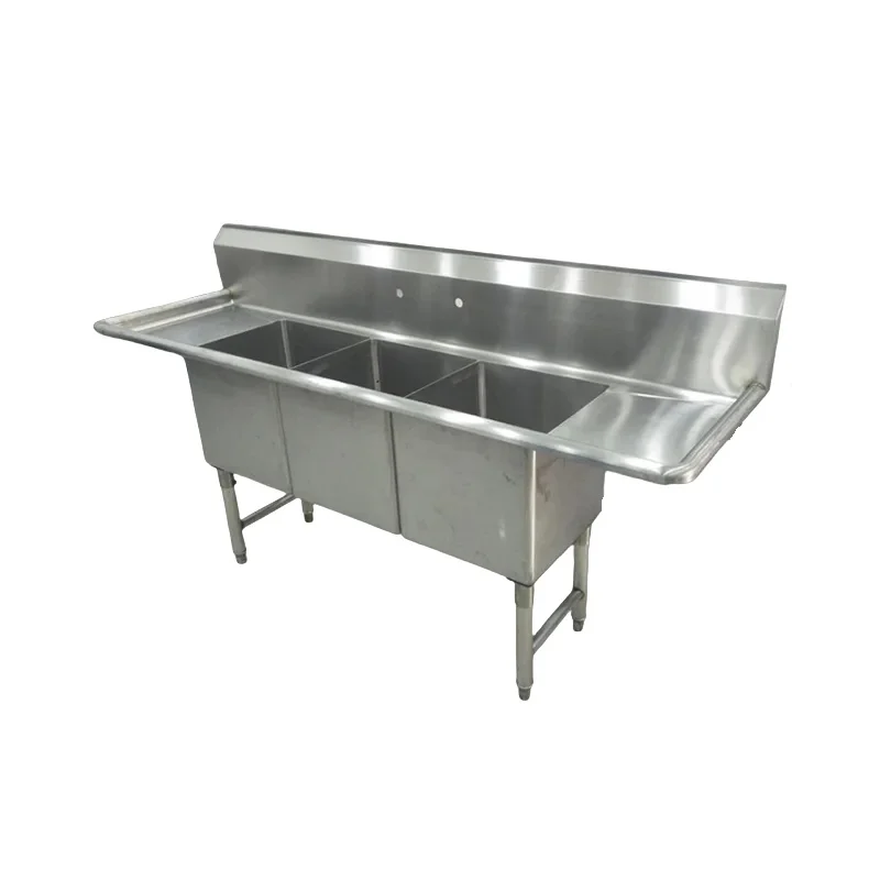 Commercial Kitchen Equipment Suppliers Three Compartment Sink 304 Stainless Steel Restaurant Industrial Sink with Two Drainboard