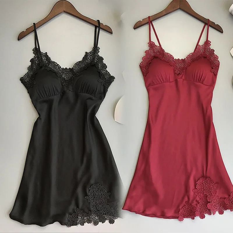Women Sexy Sleepwear Nightdress Lace Silk Satin Night Dress Sleeveless Nighties V-neck Nightgown Plus Size Nightwear