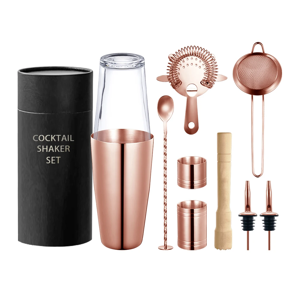 EFINE Custom Logo Stainless Steel 9-piece Bartender Set Promotion Gift Bar Tools Kit Copper Boston Cocktail Shaker Set