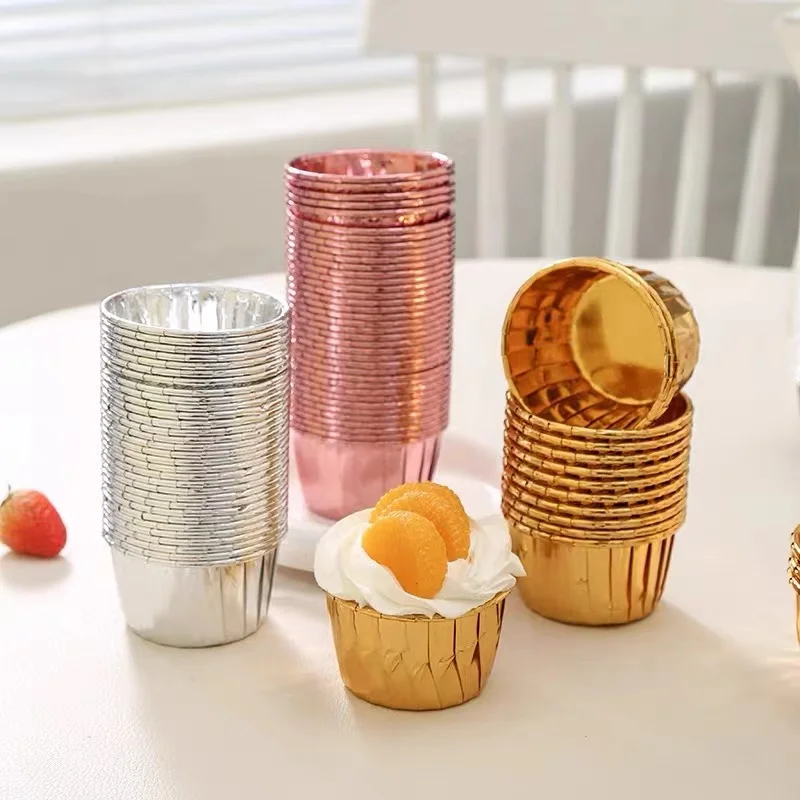 Factory In Stock Food Grade 50*39mm Size Rolled Rimmed Aluminum Foil Cupcake Liners 50pcs/set Coated Baking Case Cake Cup