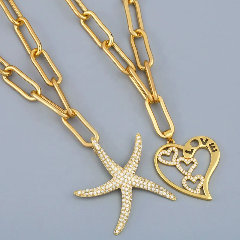 
New arrival stainless steel punk thick chain necklace fashion ins style love and starfish pendant necklace 