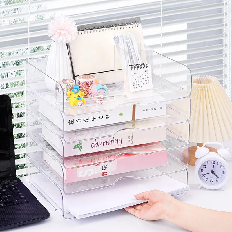 1 PCS Transparent Office Stackable Desk Organizer Desktop Storage Box File  Tray Display Book  Magazine Holder