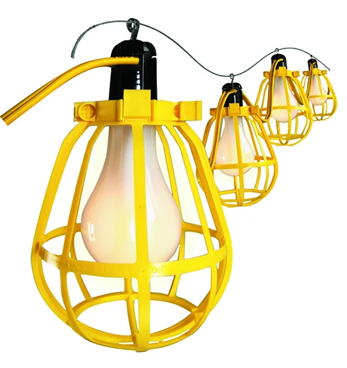hot sale waterproof temporary work string light 2 cores string lights yellow plastic cage temporary light
