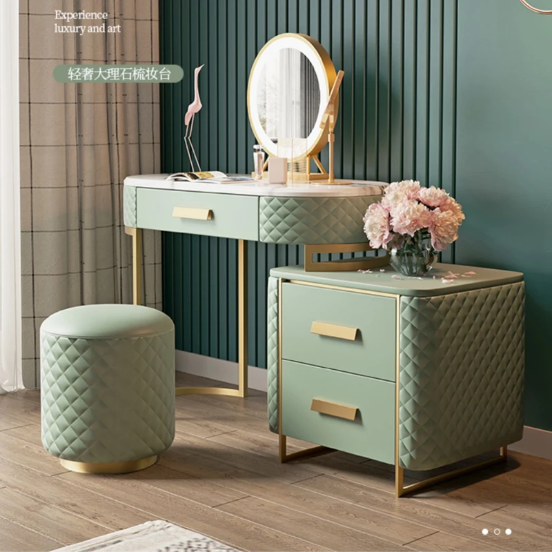 Modern Kids Dressers Luxury Design Vanity Makeup Table Leather and Stainless Steel Dressing Table with Mirror and Stool