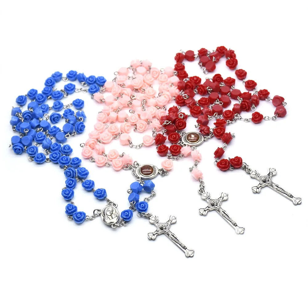 Cristianismo Cruzado Resin Rose Flower Rosary Necklace Virgin Mary Christ Cross Catholic Christian Prayer Beads