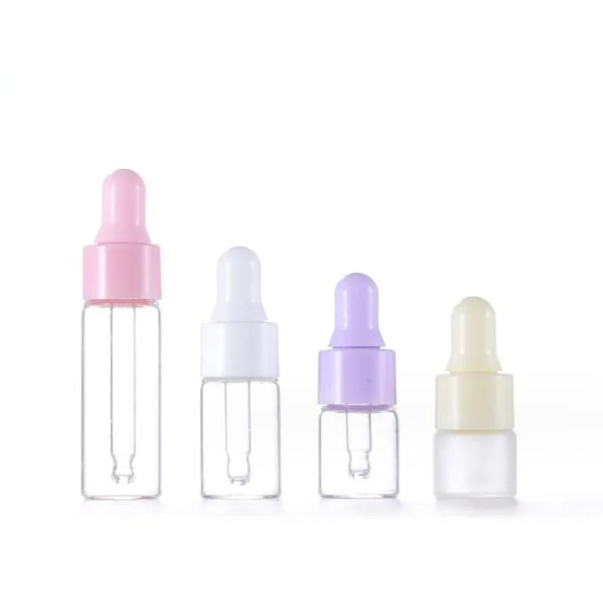1ml 2ml 3ml 5ml clear glass dropper sample essential oil bottle with colors plastic cap for serum cosmetics