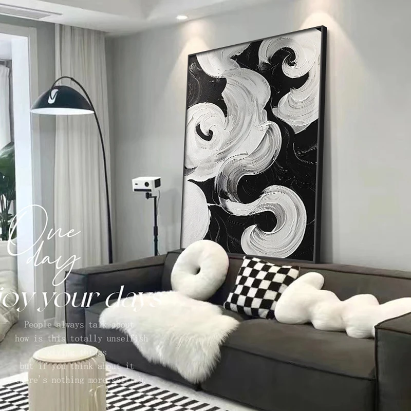 Black and white minimalist living room decoration painting modern simple abstract sofa background wall painting