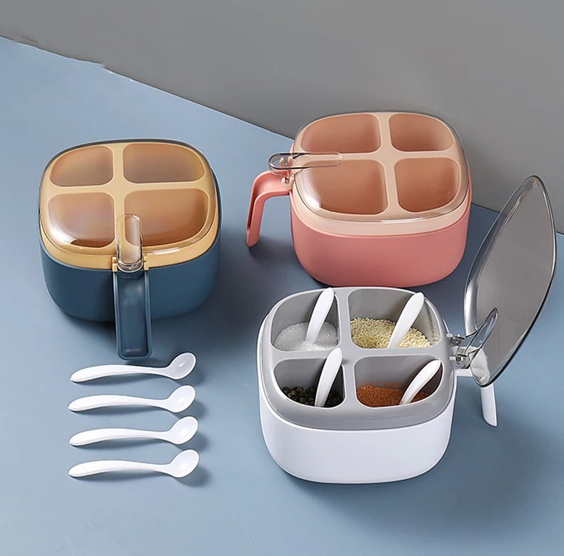 4 Tray Plastic Spic Jar Set Kitchen Seasoning Box Pot Condiments Container With Spoons