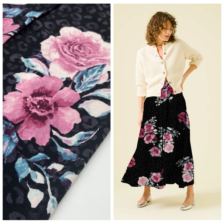 Custom 95% Rayon vortex 5% Stretch Knitted Big Floral Black 220GSM Viscose Single Jersey Fabric for Dress