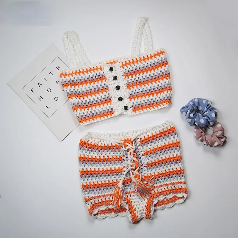 Custom Summer beach Crochet Shorts Sweater Set Women Handmade crochet knit crop top and sweater short pant set for women