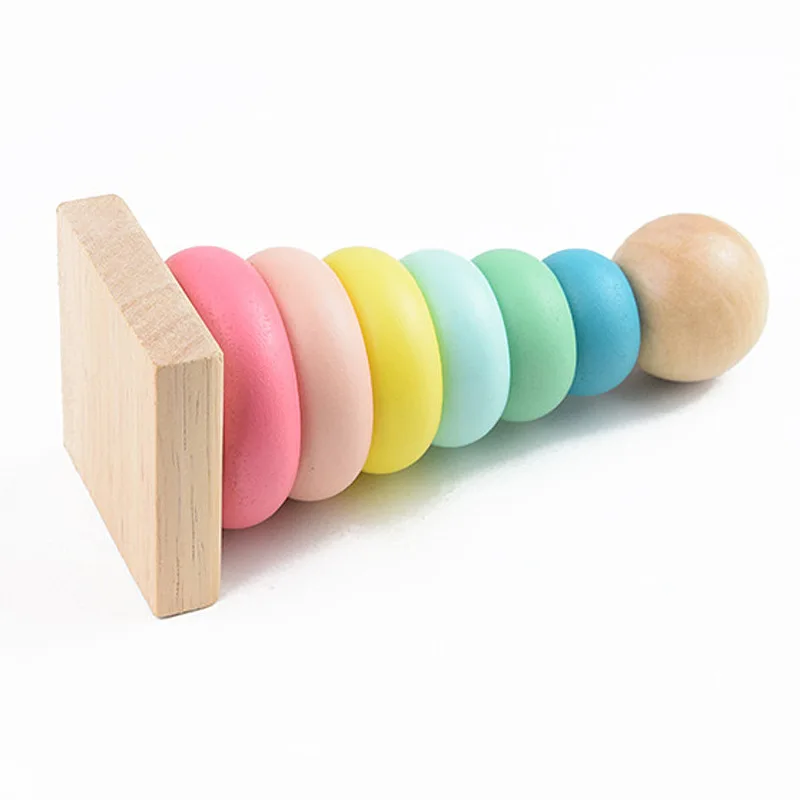 Color Cognition Montessori Rainbow Tower Wooden Stacking Rings Building Block Brain Developmental Toy