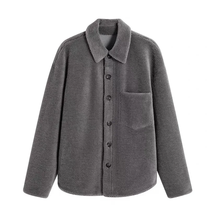 China supplier Cheap Price Popular Single Breasted Front pocket Shirt Style Sheep Lamb Shearing Wool Fur Coat