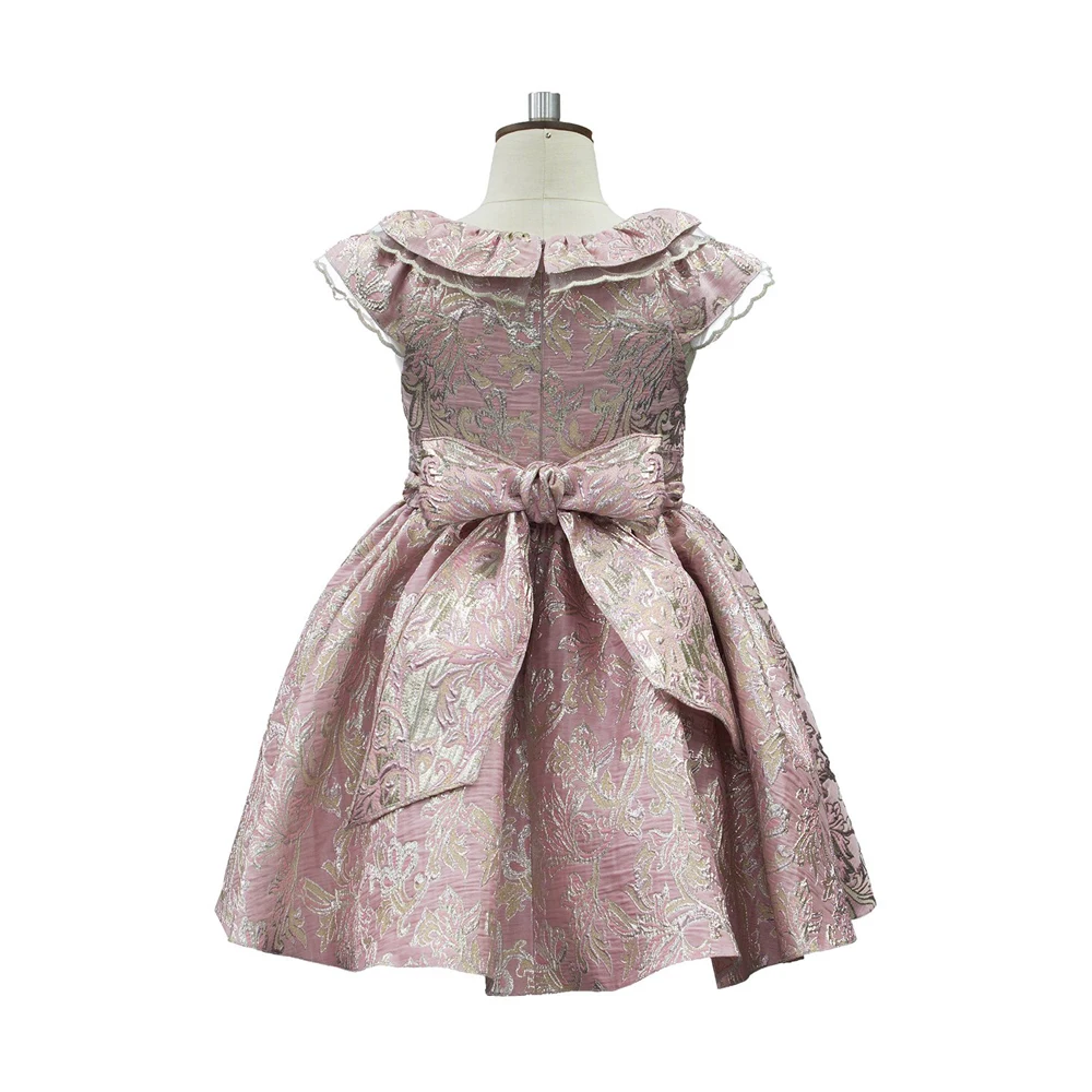 Custom brand Round Neck Ruffle collar Girl Dress Beautiful Jacquard party dresses for girls 4-14Y