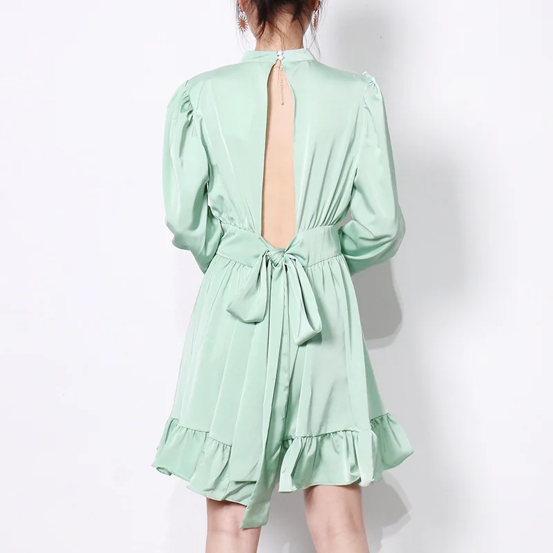 
Fashion Brand 2021 Summer New Style Solid Color Waist Satin Sexy Backless Lace-Up Bow-Knot A-line Dress 