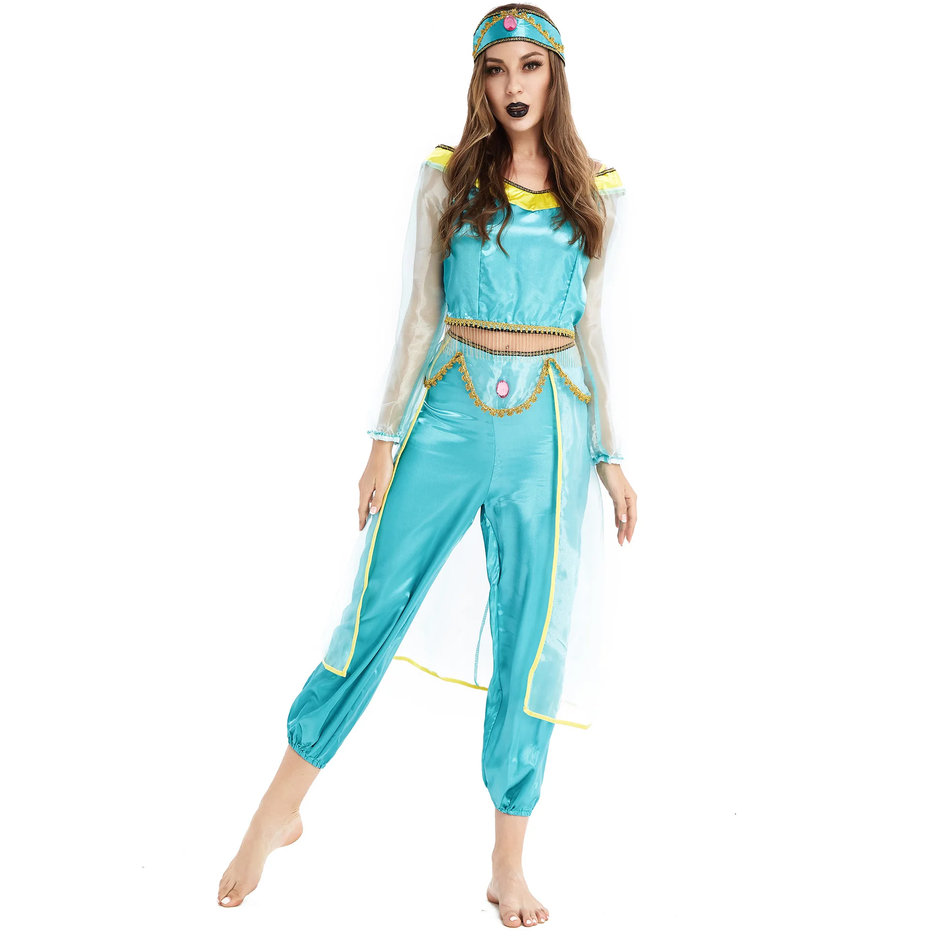 Fancy Aladdin Jasmine Cosplay Jumpsuit Girls Halloween Princess Party Dress up Clothing Set Anime Costume
