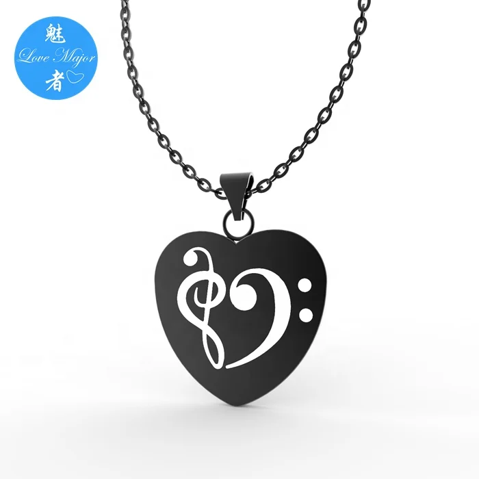 Black Plated Fashion Love Music Heart Note Design Stainless Steel Jewelry Pendant Necklace