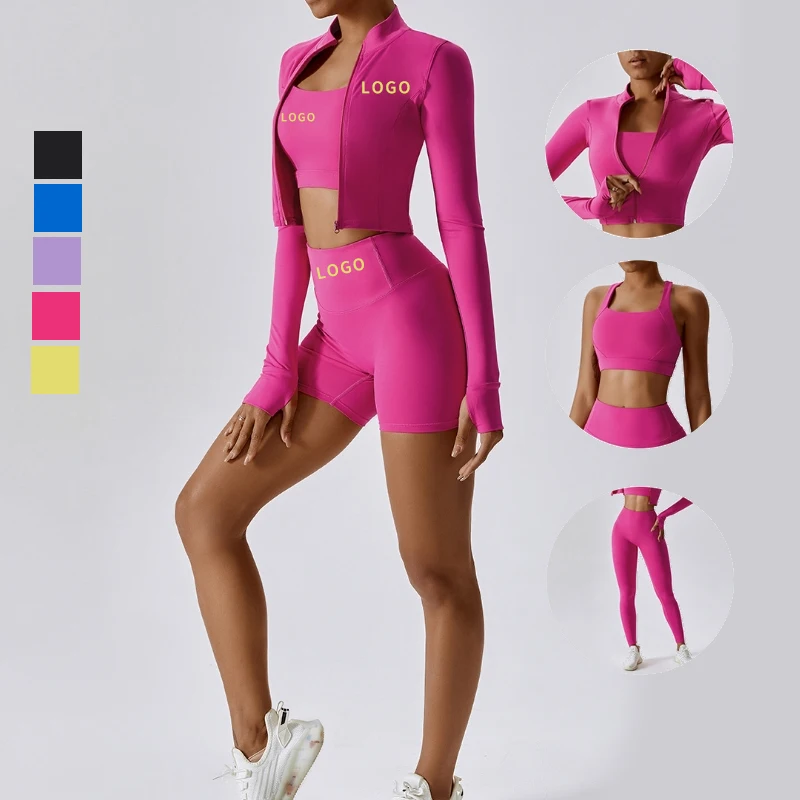custom logo yoga clothes long sleeve yoga jacket and leggings set woman sports sets yoga shorts gym clothing sets for women