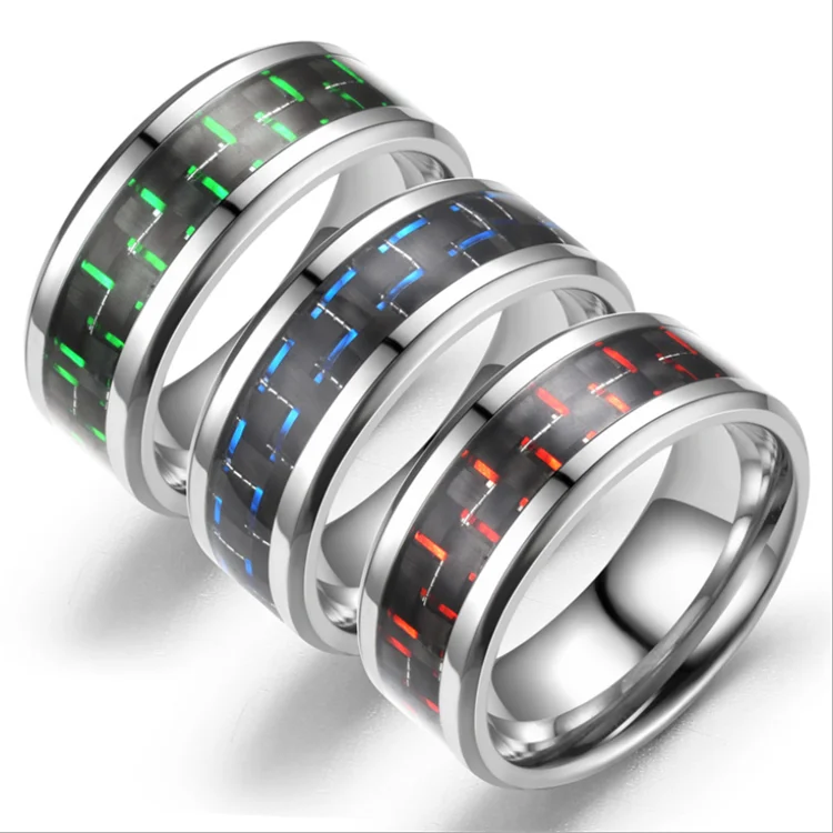 2021 New three-color carbon fiber couple ring men women unisex titanium steel ring geometric line stainless steel ring