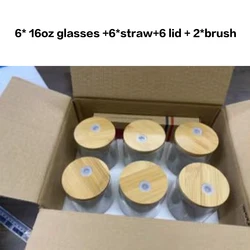 Custom 16oz Borosilicate Glassware Tumbler Cups Mugs Dinking Glasses Beer  cola Can glasses with Bamboo Lid and glass straw