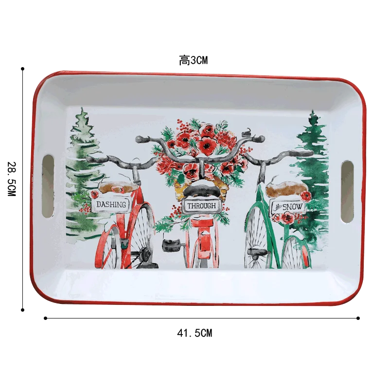 Enamel Tracy With handle of Bicycle Flower print Suitable for Display Serving