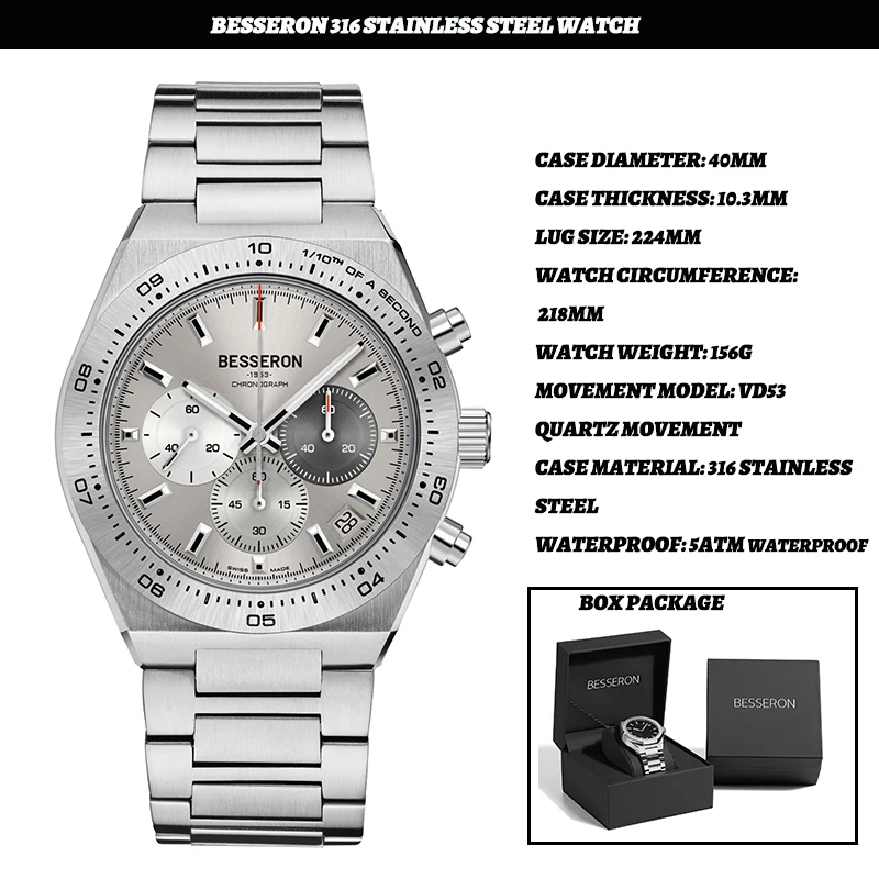 Multifunctional Three Eyes Cadran Montre Black Waterproof High-end Business chronograph Quartz Watch Japan Vd53 Movement Watch