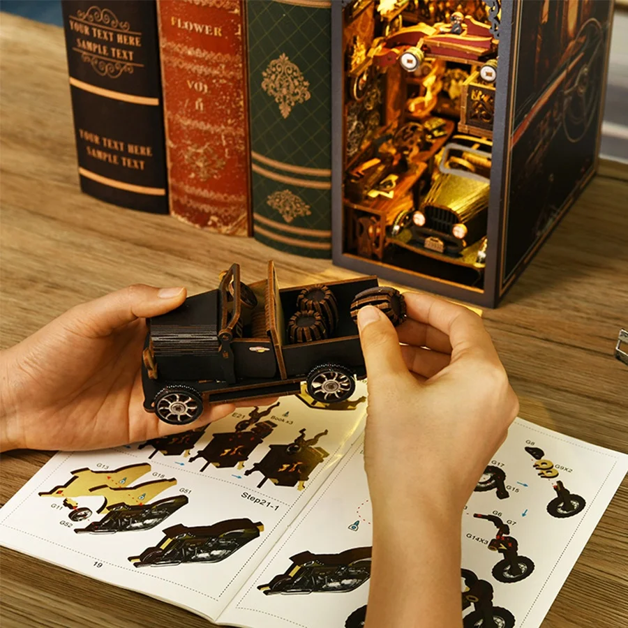 Book Nook Kit 3d Wooden Puzzle Bookend Diy House Booknook Shelf Insert Car Players Series Booknook