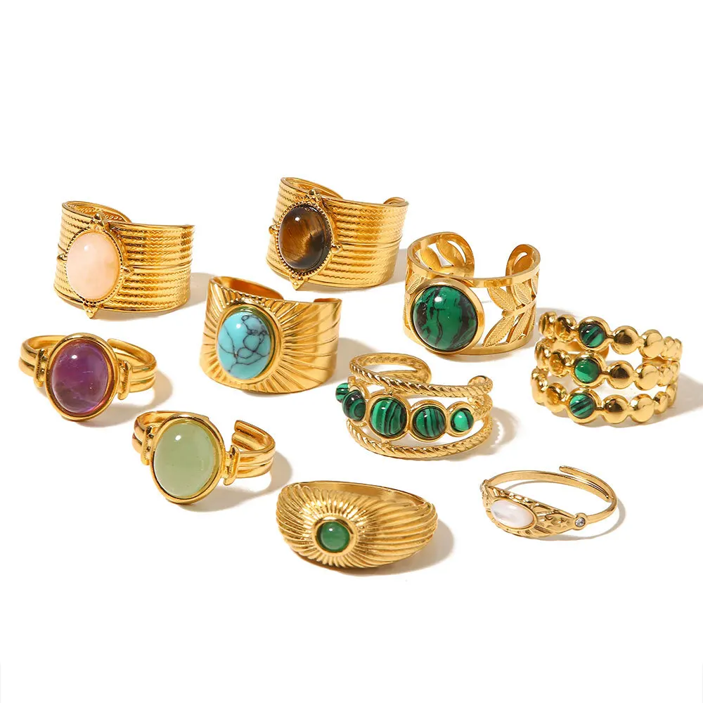 18K Gold PVD Plated 316L Stainless Steel Rings Finger Chunky Gemstone Jewelry Shell Freshwater Pearl Zircon Wedding Ring