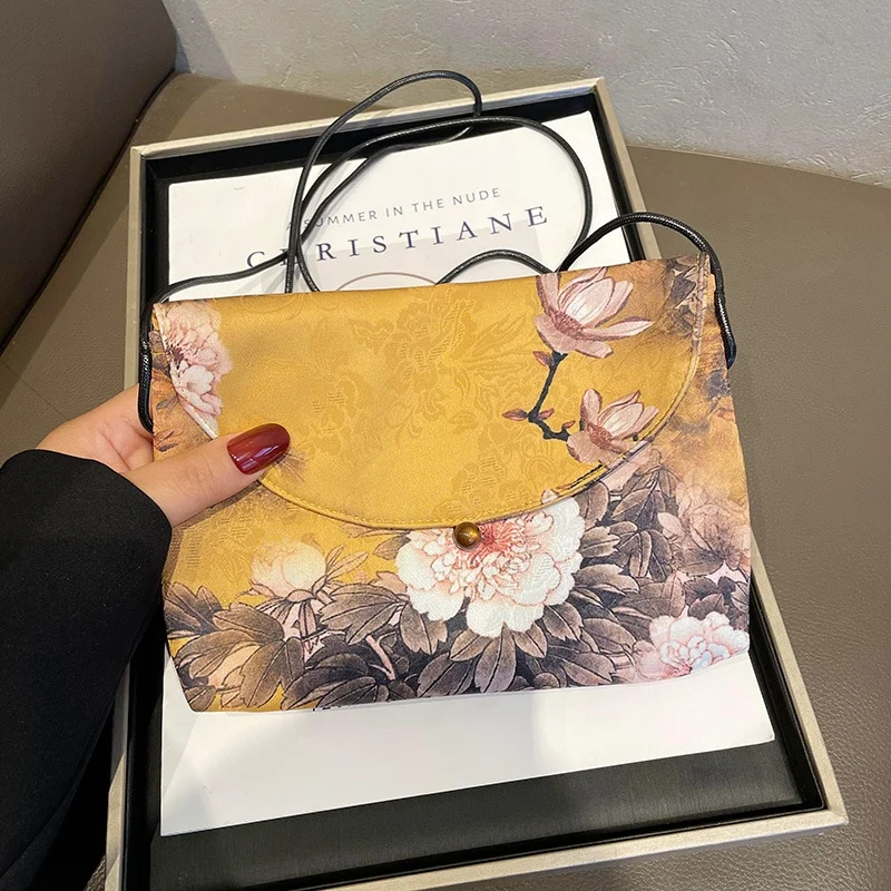 Chinese Brocade Silky Phone Purse Crossbody Mini Bag Envelope Clutch