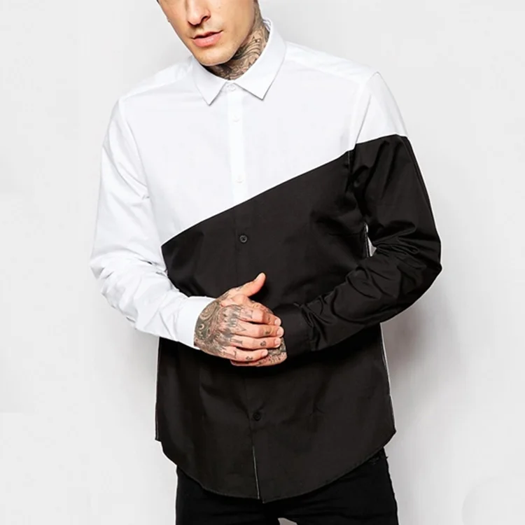Factory directly supply half black half white mens casual shirt high quality long sleeve diagonal cut t-shirt for men