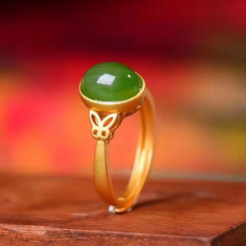 Wholesale Chinese Style Imitation Hetian Jade Green Jasper Electroplated Gold Ring Chinese Style Agate Jade Hotan Jade Open Ring
