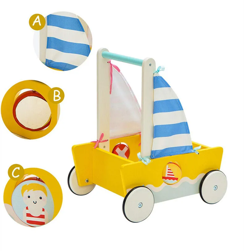 M4309 new design storage cart wooden baby push along walker with wheels