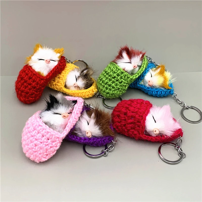 Promotion Cute Sleeping Cat Pompom Keychain Handmade Woven Slipper Fur keyring Accessories Fluffy Girl Backpack Car Pendant Gift