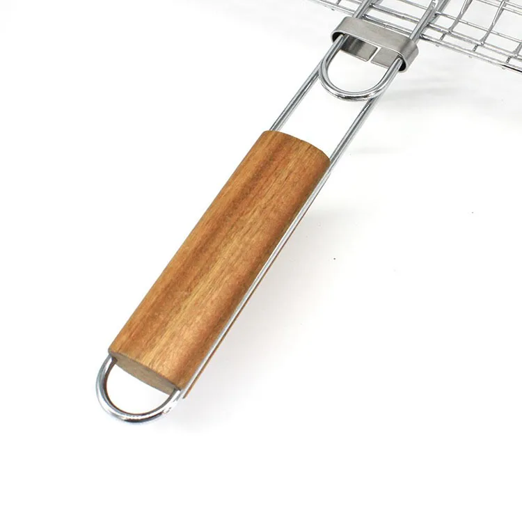 Large BBQ Grilling Basket with Wooden Handle Stainless Steel Grill Net Rack Barbecue Mesh for All Charcoal Gas Grill