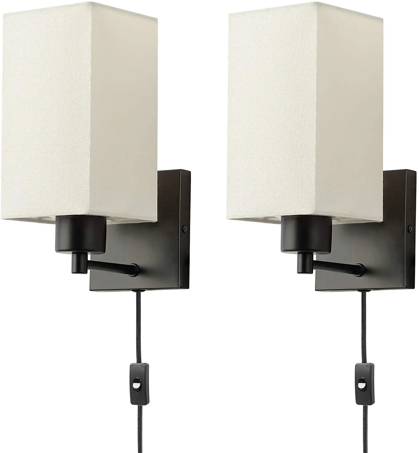Wall Sconce Rustic Nordic Wall Lamp with Plug-in Cord and On/Off Toggle Switch Beige Fabric Shade