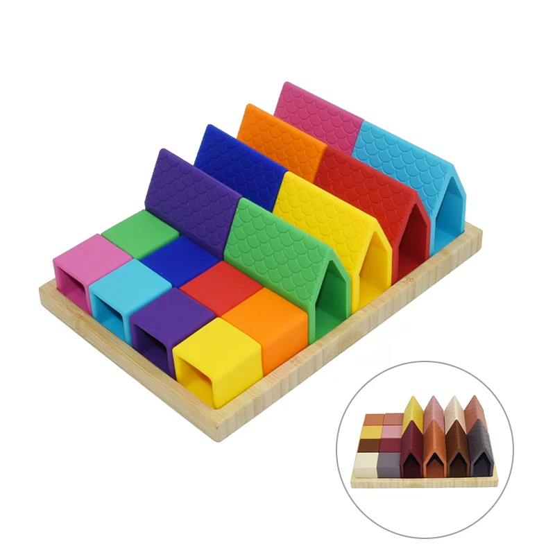 Rainbow colors Silicone Baby Montessori Soft Building Blocks house Stacking with Sorting Tray for Toddlers