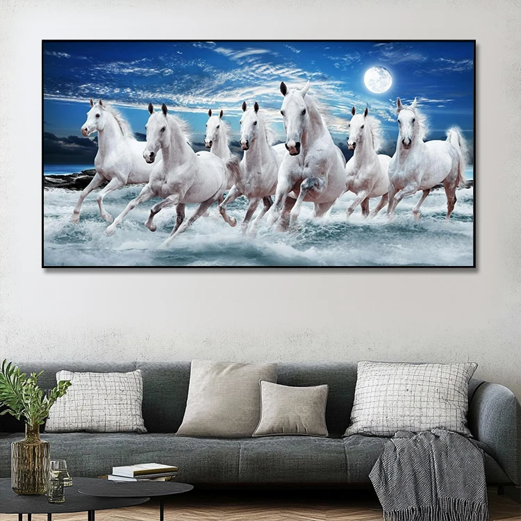 Гостиная Декор Vastu Печать на холсте синий пейзаж с животными работает Современная Настенная живопись 7 лошадь