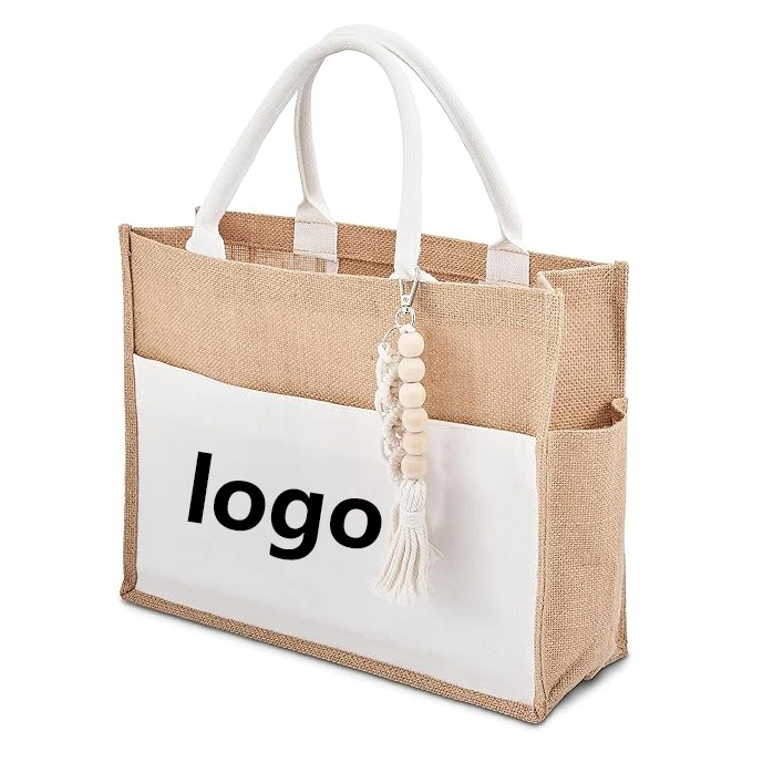 Custom logo Shopping Beach Lunch Holiday Gift Woven Handle Zipper Pocket White Jute Handbag For Women