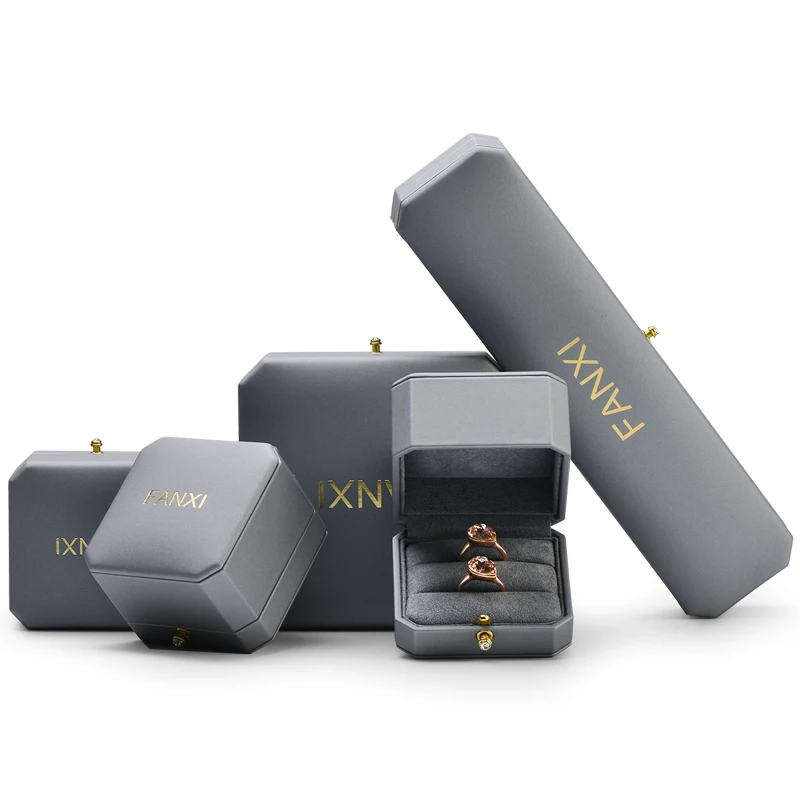 
New Arrival Octagonal shape Large Jewellery boxes Ring Earring Necklace Boxes light grey Pu leatherJewelry Packing Gift Box 