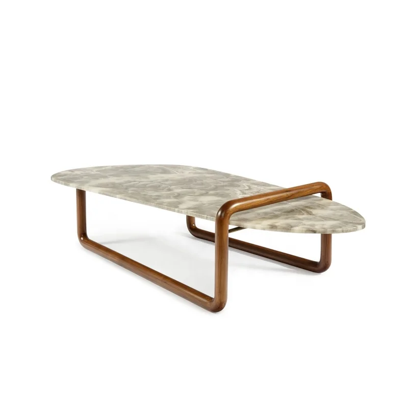 Modern Unique Design Irregular Shape Coffee Table Wood and Marble Onyx Coffee Table Luxury