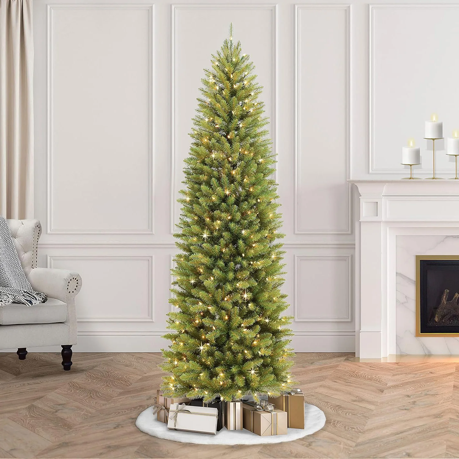 7.5 Foot Pre-Lit Fraser Fir Pencil Artificial Christmas Tree with 350 UL Listed Clear Lights