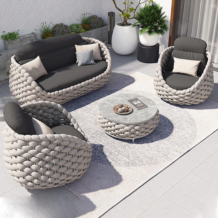 Nordic 4 Seats Hot Sale Favorable Rattan Rope Woven Outdoor Sofa Set Comfortable Patio Garden Sofa (1600273210402)