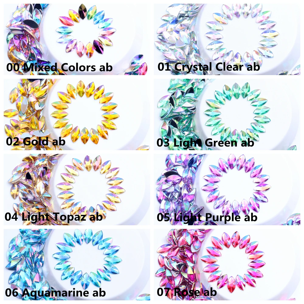 Acrylic charm Rhinestones Glue On 5x10mm 50pcs Flatback Pointed Horse Eye AB Colors For Nails, clothes, bags, shoes