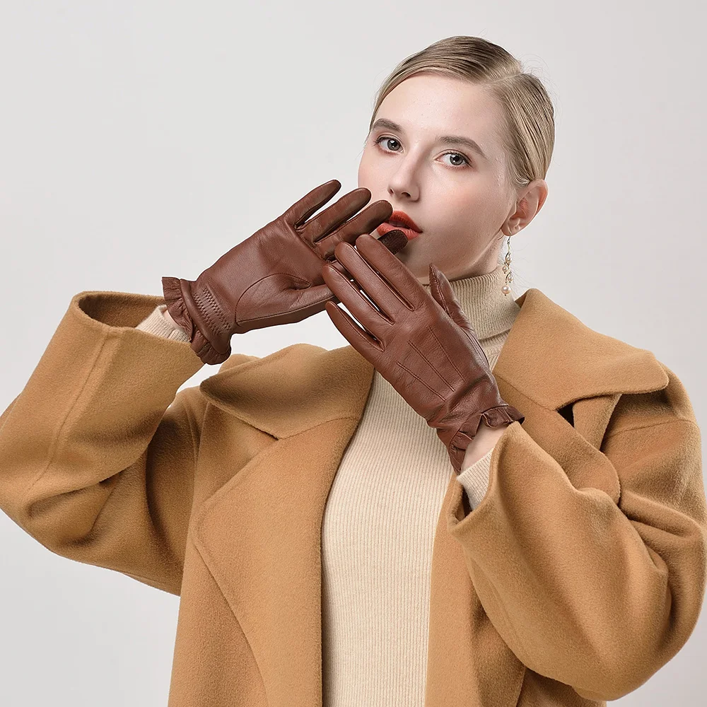 Kulanyane Frill Cuff Design Lady Winter Warm Keeping Leather Gloves Daily Wearing