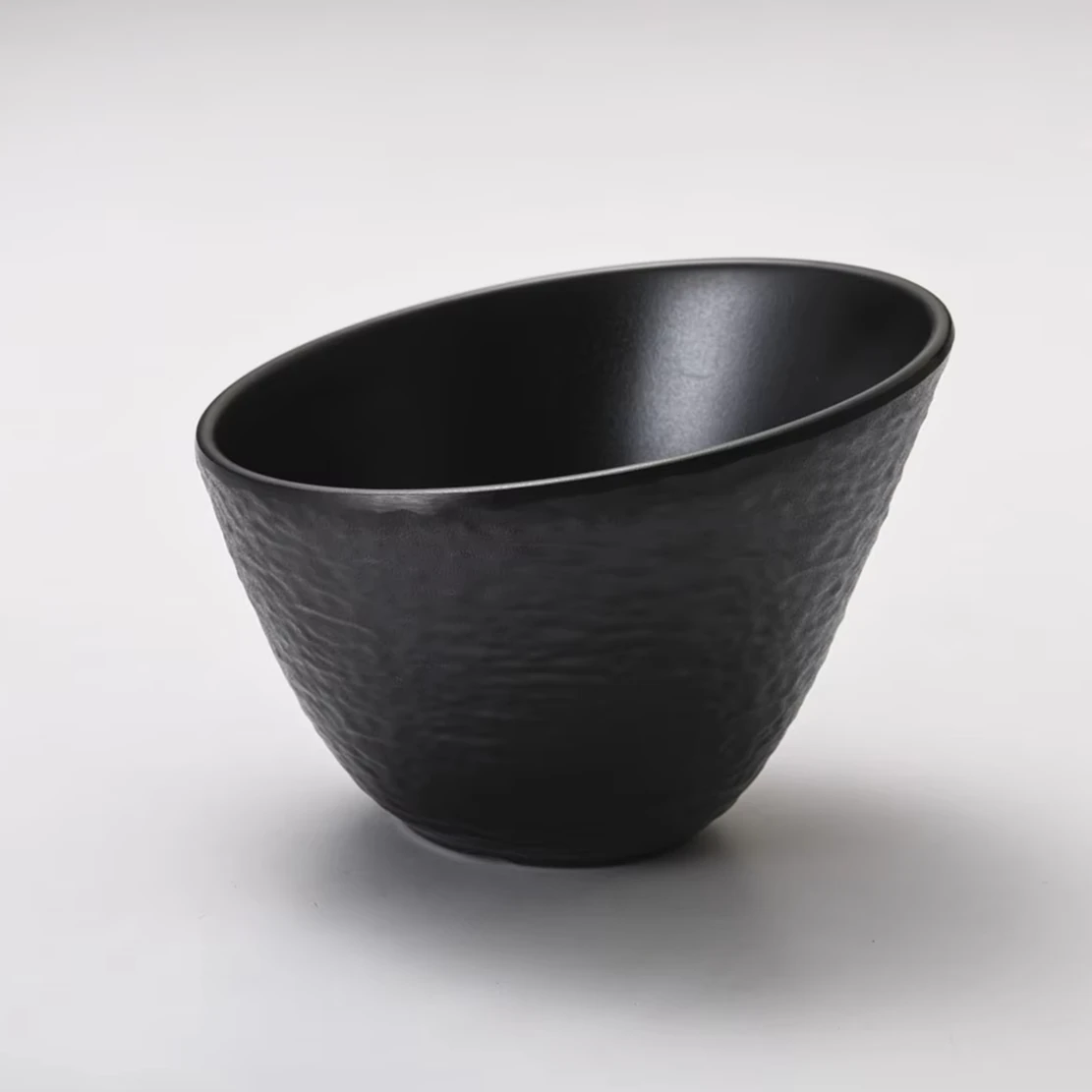 Stone Pattern Black Deep Round Slanted Melamine Bowl For Chinese Buffet Hot Pot Salad Vegetable Fruit Serving Bowl 550ml