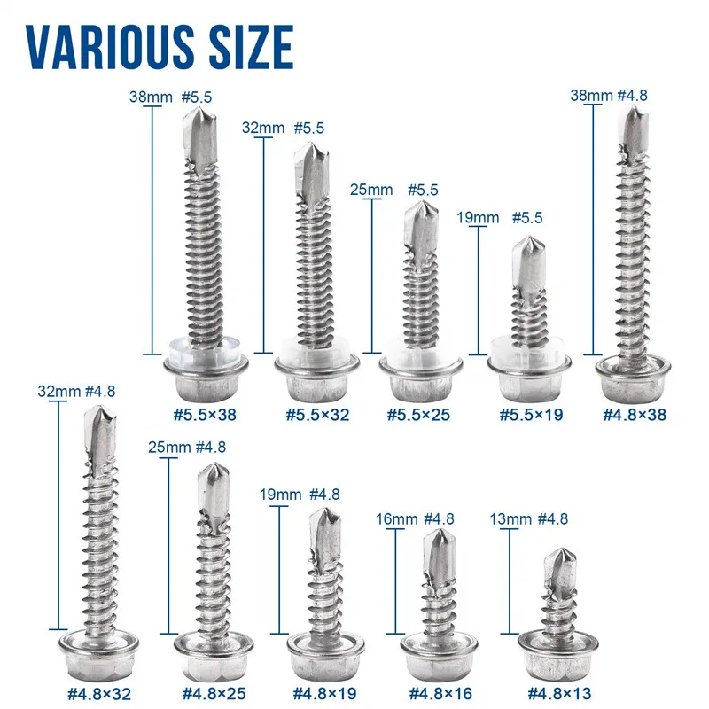 410 Stainless Steel Hex Flange Head Self Drilling Screw M4.8 M5.5 Hex Washer Head Self-drilling Screw with EDPM Washer