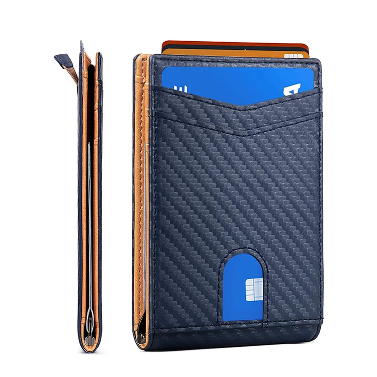
Wholesale slim bifold genuine leather business card holder front pocket rfid mens carbon fiber wallet with money clip 